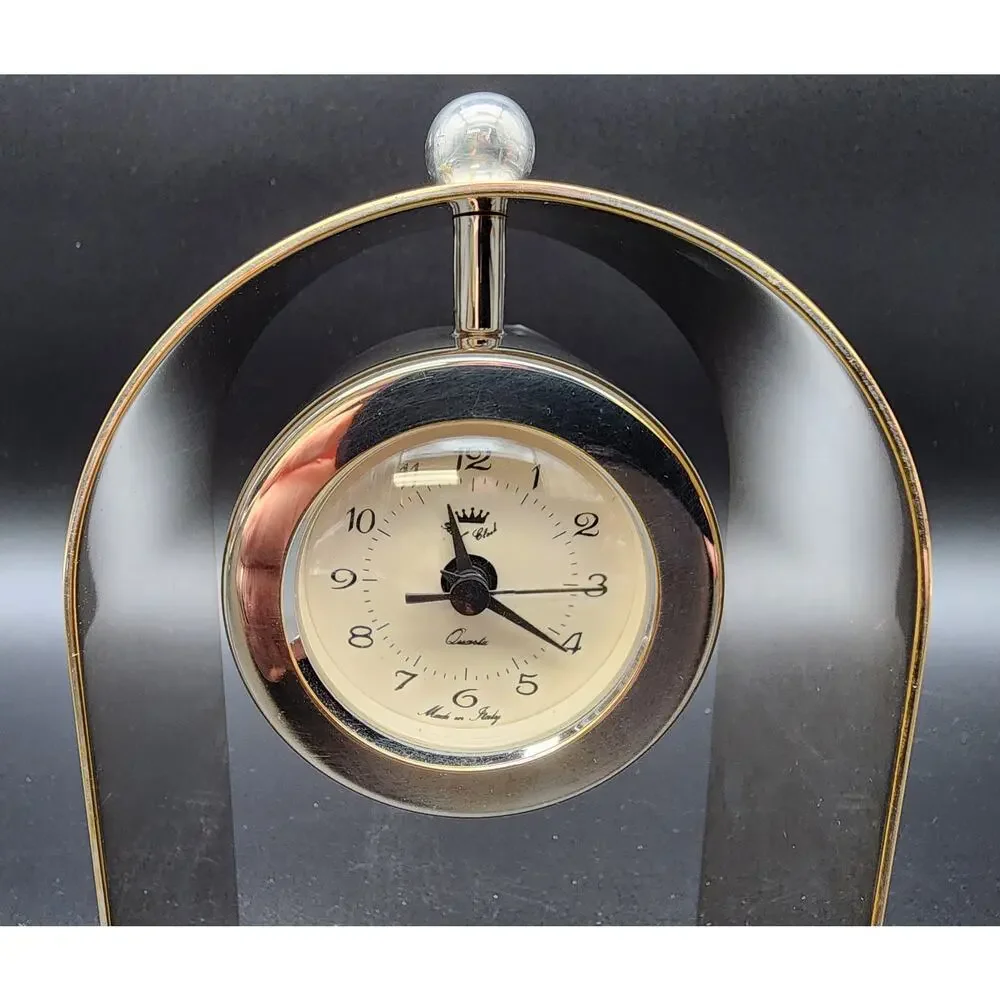 Vintage Italian Brass Arch Desk Clock – Quartz, Sculptural Design, Works Perfect